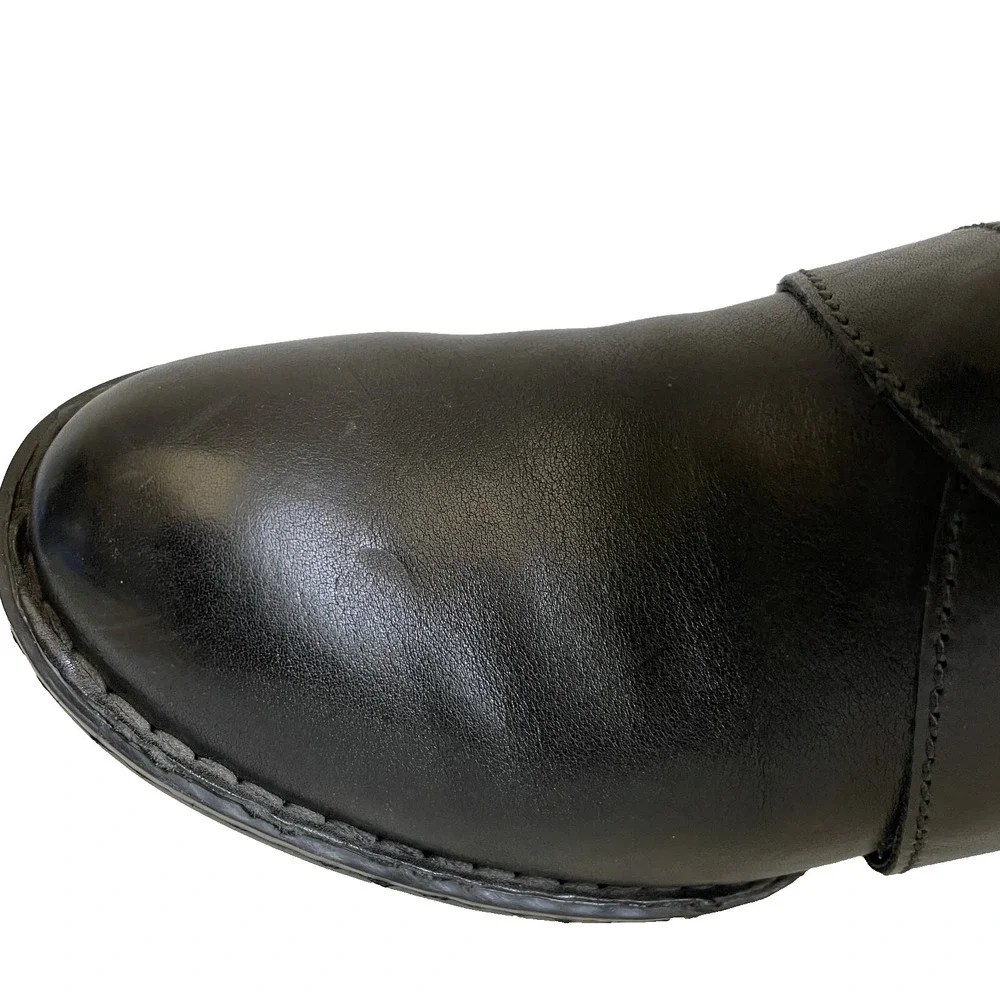 Born Women's Black Leather Boots Buckle Stack Heels Side Zip‎ W31647, Size 7.5